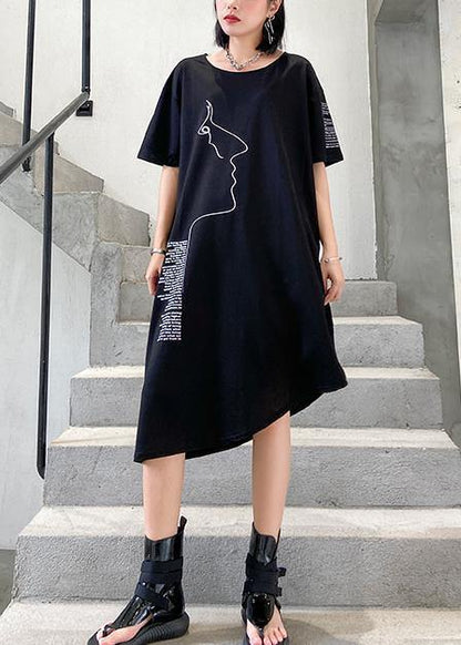 Organic Black Print Cotton O Neck Asymmetric Oversized Summer Dresses