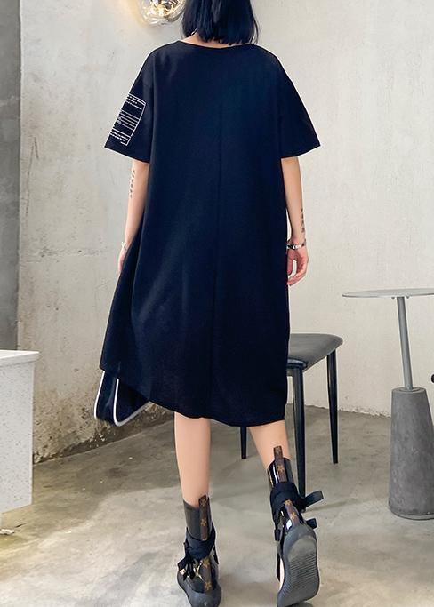 Organic Black Print Cotton O Neck Asymmetric Oversized Summer Dresses