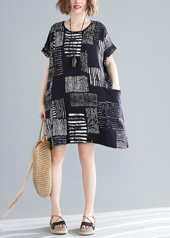 Organic Black Print Cotton Quilting Dresses Korea Outfits O Neck Pockets Short Summer Dresses