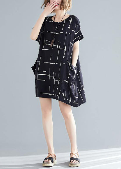 Organic Black Print Cotton Quilting Dresses Korea Outfits O Neck Pockets Short Summer Dresses