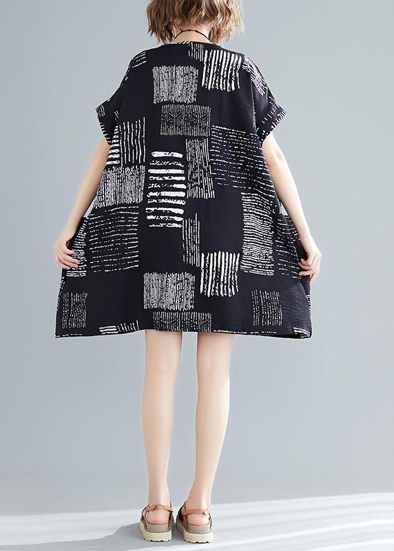 Organic Black Print Cotton Quilting Dresses Korea Outfits O Neck Pockets Short Summer Dresses