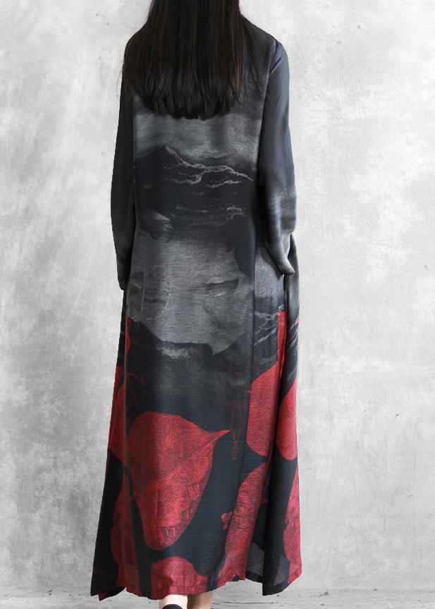 Organic Black Print Crane Dress Sewing Stand Chinese Button Cardigan