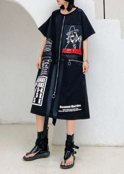 Organic Black Print Cotton Tunics O Neck Zippered Maxi Dresses