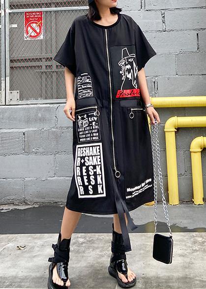 Organic Black Print Cotton Tunics O Neck Zippered Maxi Dresses