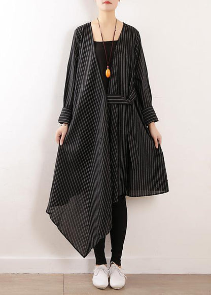 Organic Black Striped Cotton Long Shirts V Neck Asymmetric Maxi Dresses