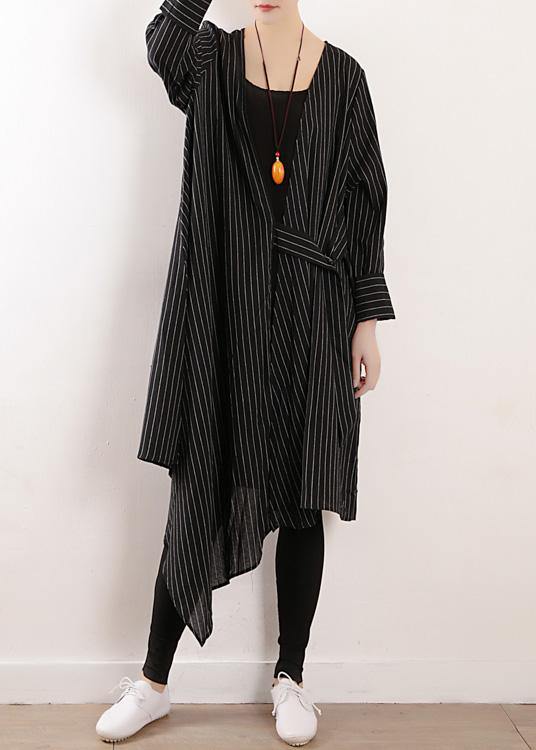 Organic Black Striped Cotton Long Shirts V Neck Asymmetric Maxi Dresses