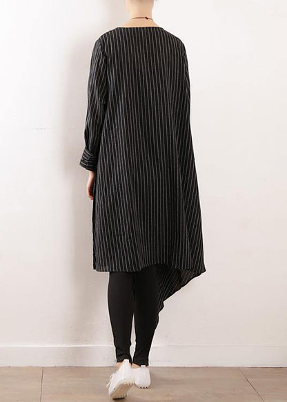 Organic Black Striped Cotton Long Shirts V Neck Asymmetric Maxi Dresses
