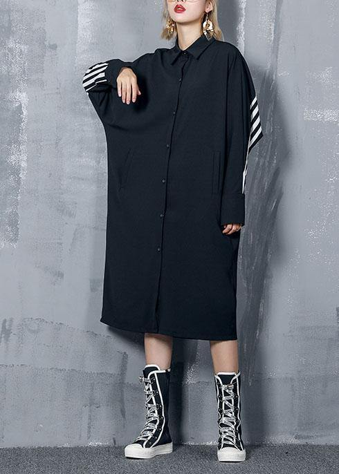 Organic Black Striped Cotton Clothes Lapel Button Art Dresses