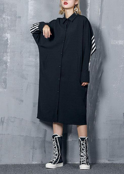 Organic Black Striped Cotton Clothes Lapel Button Art Dresses