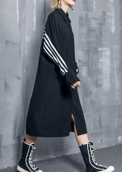 Organic Black Striped Cotton Clothes Lapel Button Art Dresses