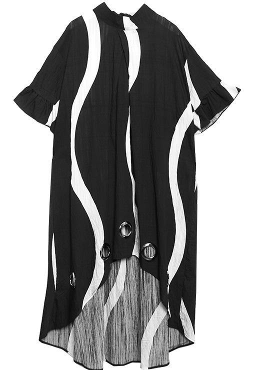 Organic Black Striped Cotton Dresses Low High Design Robe Summer Dress