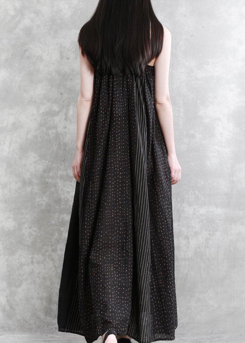 Organic Black Striped Quilting Dresses Spaghetti Strap Maxi Summer Dress