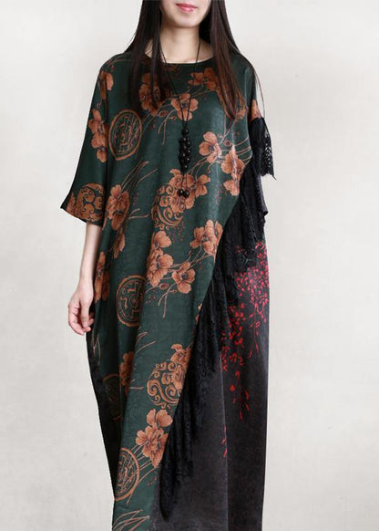 Organic Blackish Green Print Robes O Neck Patchwork Long Dresses