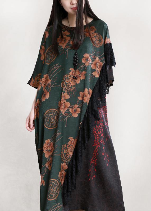 Organic Blackish Green Print Robes O Neck Patchwork Long Dresses