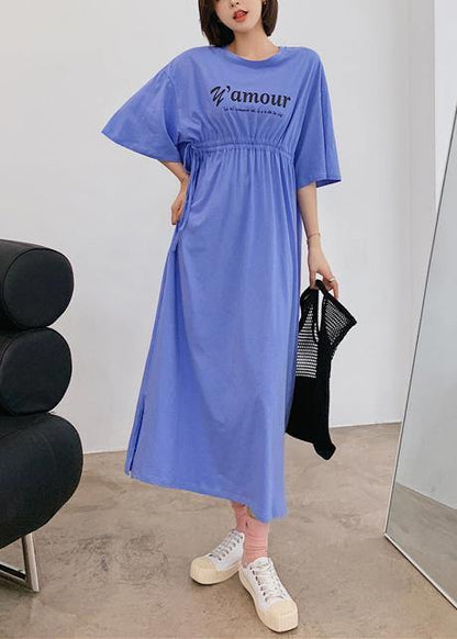 Organic Blue Letter Clothes for O Neck Cinched Robe Dress