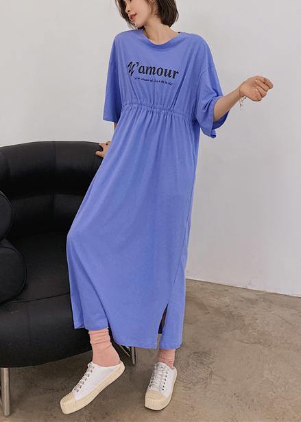 Organic Blue Letter Clothes for O Neck Cinched Robe Dress