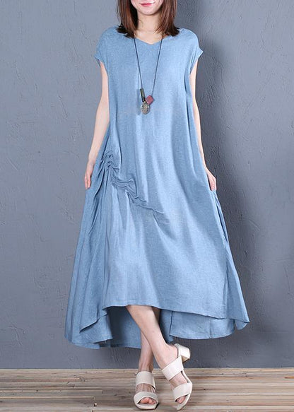 Organic Blue Cotton Clothes for V Neck Cinched Loose Dresses