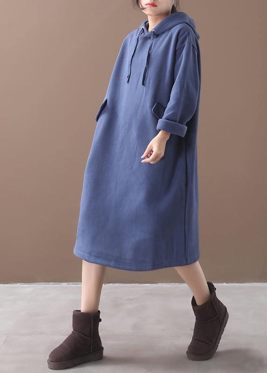 Organic Blue False Pockets Cotton Wardrobes Winter Long Hooded Dress