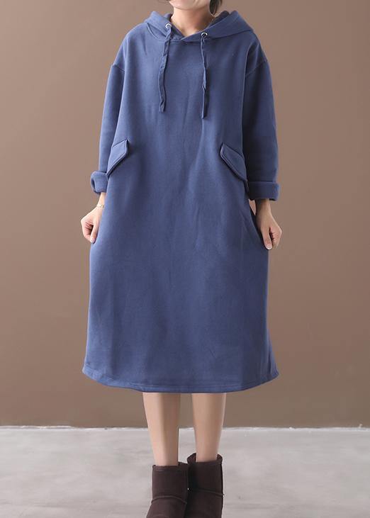 Organic Blue False Pockets Cotton Wardrobes Winter Long Hooded Dress