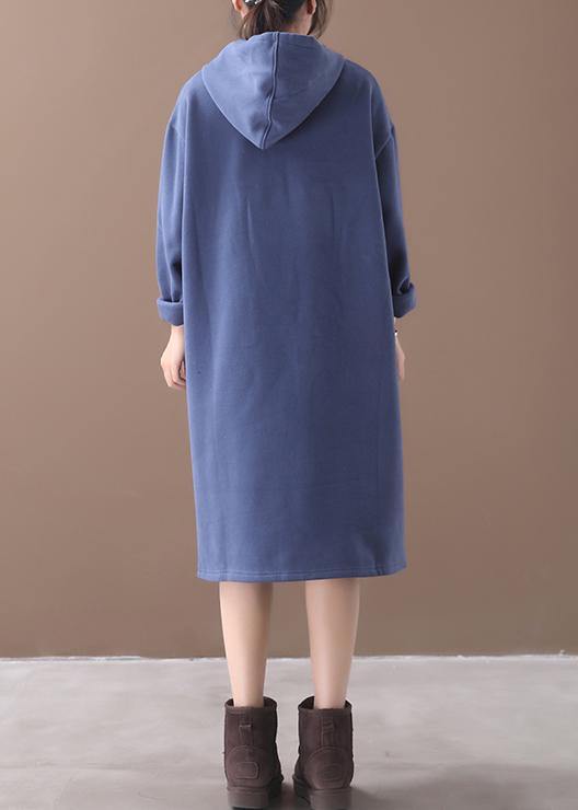 Organic Blue False Pockets Cotton Wardrobes Winter Long Hooded Dress