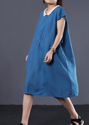 Organic Blue Linen Clothes for Patchwork Color Lapel Collar Baggy Summer Dresses