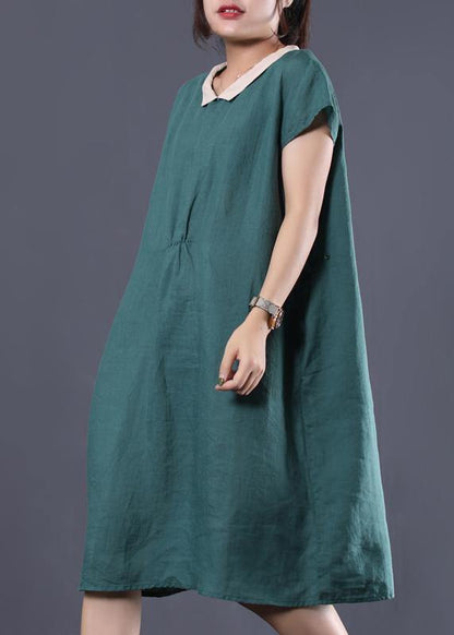 Organic Blue Linen Clothes for Patchwork Color Lapel Collar Baggy Summer Dresses