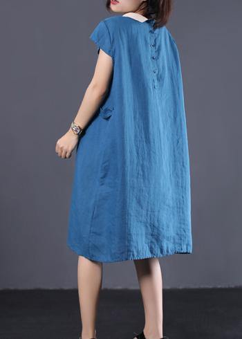 Organic Blue Linen Clothes for Patchwork Color Lapel Collar Baggy Summer Dresses