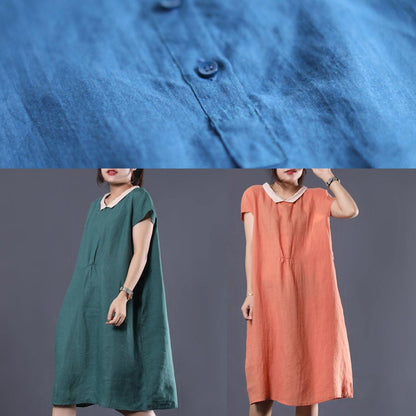 Organic Blue Linen Clothes for Patchwork Color Lapel Collar Baggy Summer Dresses
