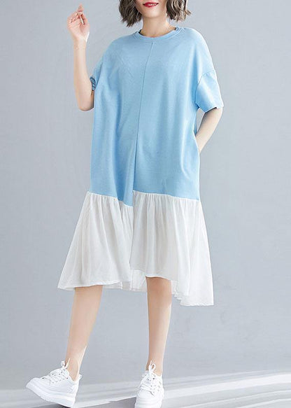Organic Blue O Neck Cotton Quilting Clothes Asymmetric Patchwork Maxi Summer Dress