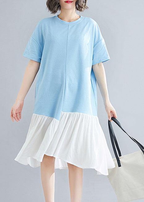 Organic Blue O Neck Cotton Quilting Clothes Asymmetric Patchwork Maxi Summer Dress