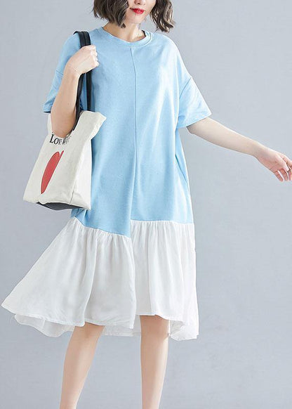 Organic Blue O Neck Cotton Quilting Clothes Asymmetric Patchwork Maxi Summer Dress