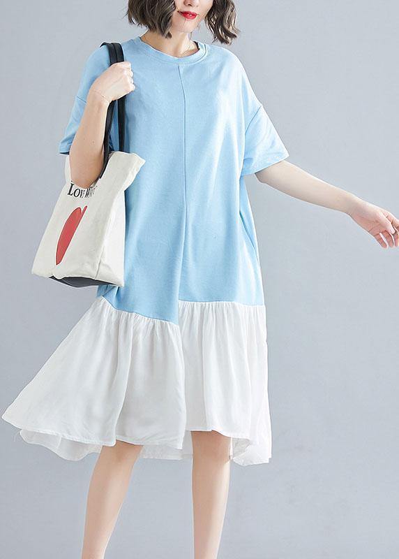 Organic Blue O Neck Cotton Quilting Clothes Asymmetric Patchwork Maxi Summer Dress