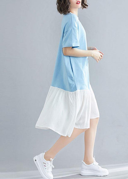 Organic Blue O Neck Cotton Quilting Clothes Asymmetric Patchwork Maxi Summer Dress