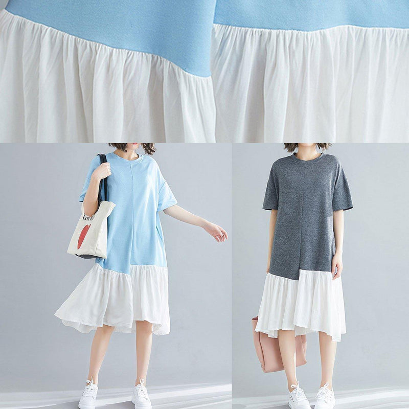 Organic Blue O Neck Cotton Quilting Clothes Asymmetric Patchwork Maxi Summer Dress