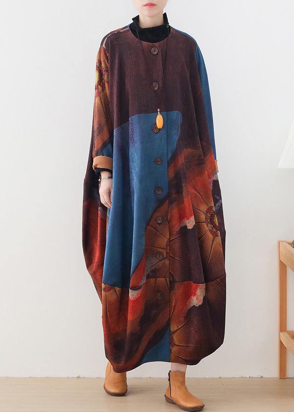 Organic Blue Print Dresses O Neck Batwing Sleeve Maxi Fall Dress
