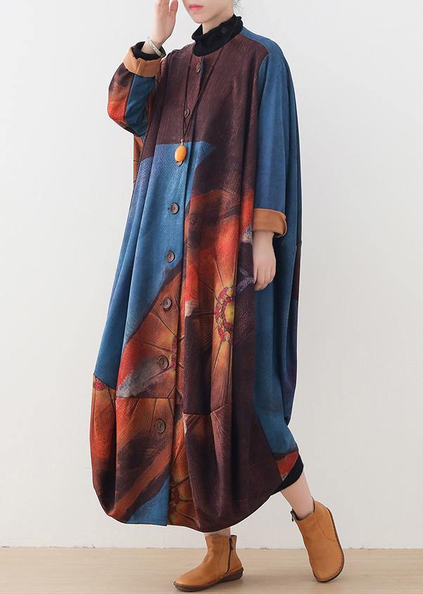 Organic Blue Print Dresses O Neck Batwing Sleeve Maxi Fall Dress