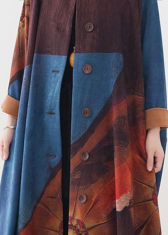Organic Blue Print Dresses O Neck Batwing Sleeve Maxi Fall Dress
