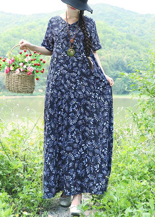 Organic Blue Print Linen Robes Pakistani Work Chinese Button Maxi Summer Dress
