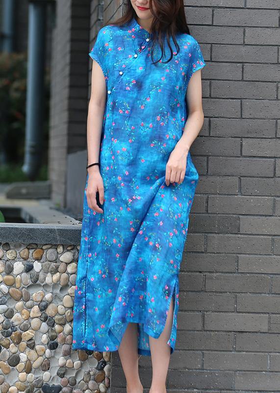 Organic Blue Print Linen Clothes for Stand Collar Side Open Kaftan Dresses