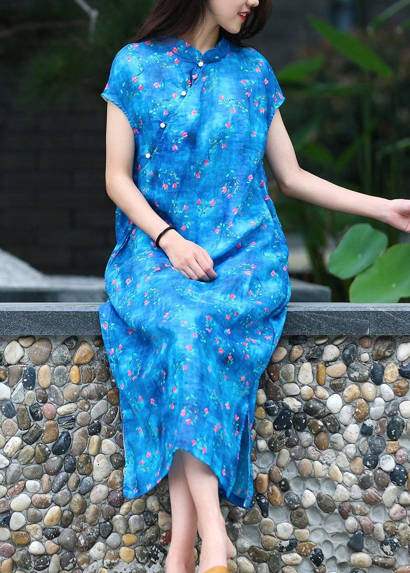 Organic Blue Print Linen Clothes for Stand Collar Side Open Kaftan Dresses