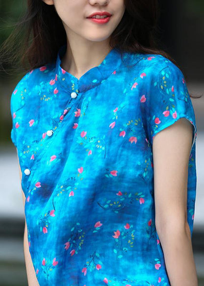 Organic Blue Print Linen Clothes for Stand Collar Side Open Kaftan Dresses
