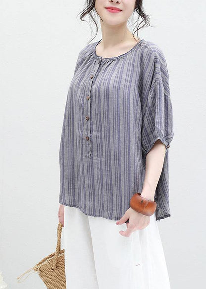 Organic Blue Striped Linen Box Top O Neck Half Sleeve Oversized Summer Blouse