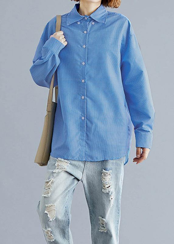Organic Blue White Plaid Cotton Shirts Gifts Polo Collar Fall Top