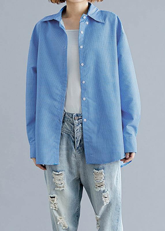 Organic Blue White Plaid Cotton Shirts Gifts Polo Collar Fall Top