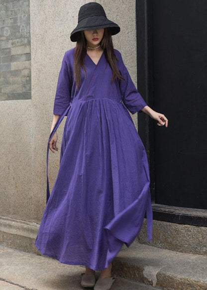 Organic Bracelet Sleeved Linen Clothes for Shape Dark Purple V Neck Dress