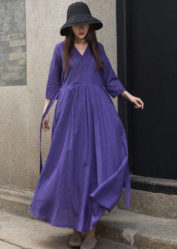 Organic Bracelet Sleeved Linen Clothes for Shape Dark Purple V Neck Dress