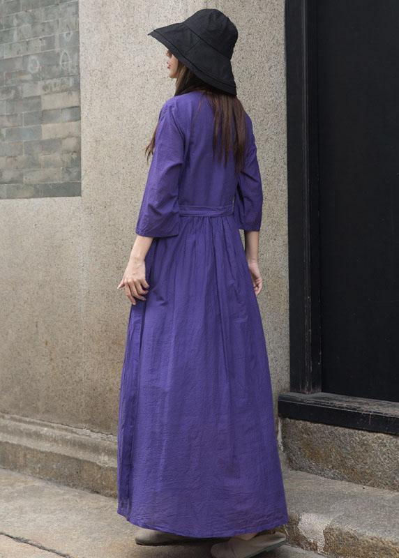 Organic Bracelet Sleeved Linen Clothes for Shape Dark Purple V Neck Dress