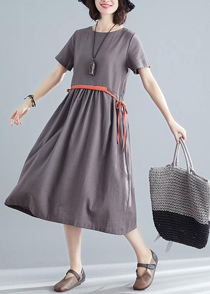 Organic Brown Linen Quilting Dresses O Neck Tie Waist Summer Dress