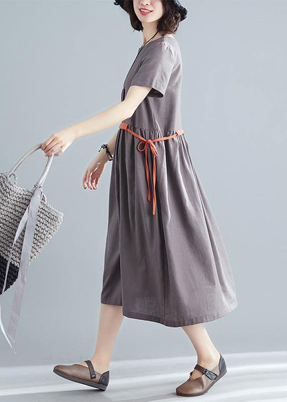 Organic Brown Linen Quilting Dresses O Neck Tie Waist Summer Dress