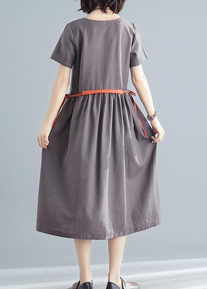 Organic Brown Linen Quilting Dresses O Neck Tie Waist Summer Dress